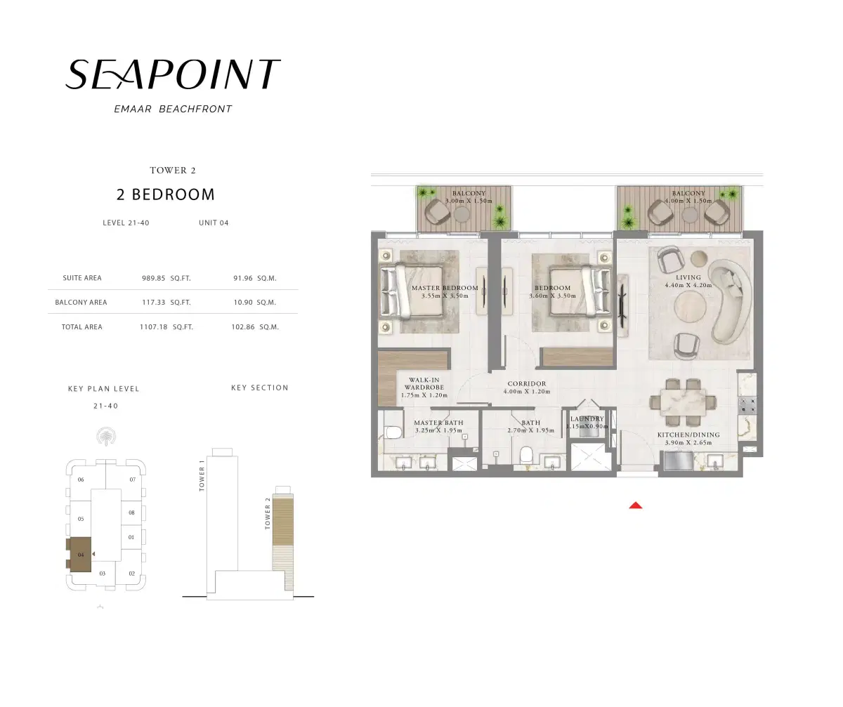 EMAAR Seapoint at Emaar Beachfront, Apartments & Penthouses 2 Bedroom Apartments Floor Plan