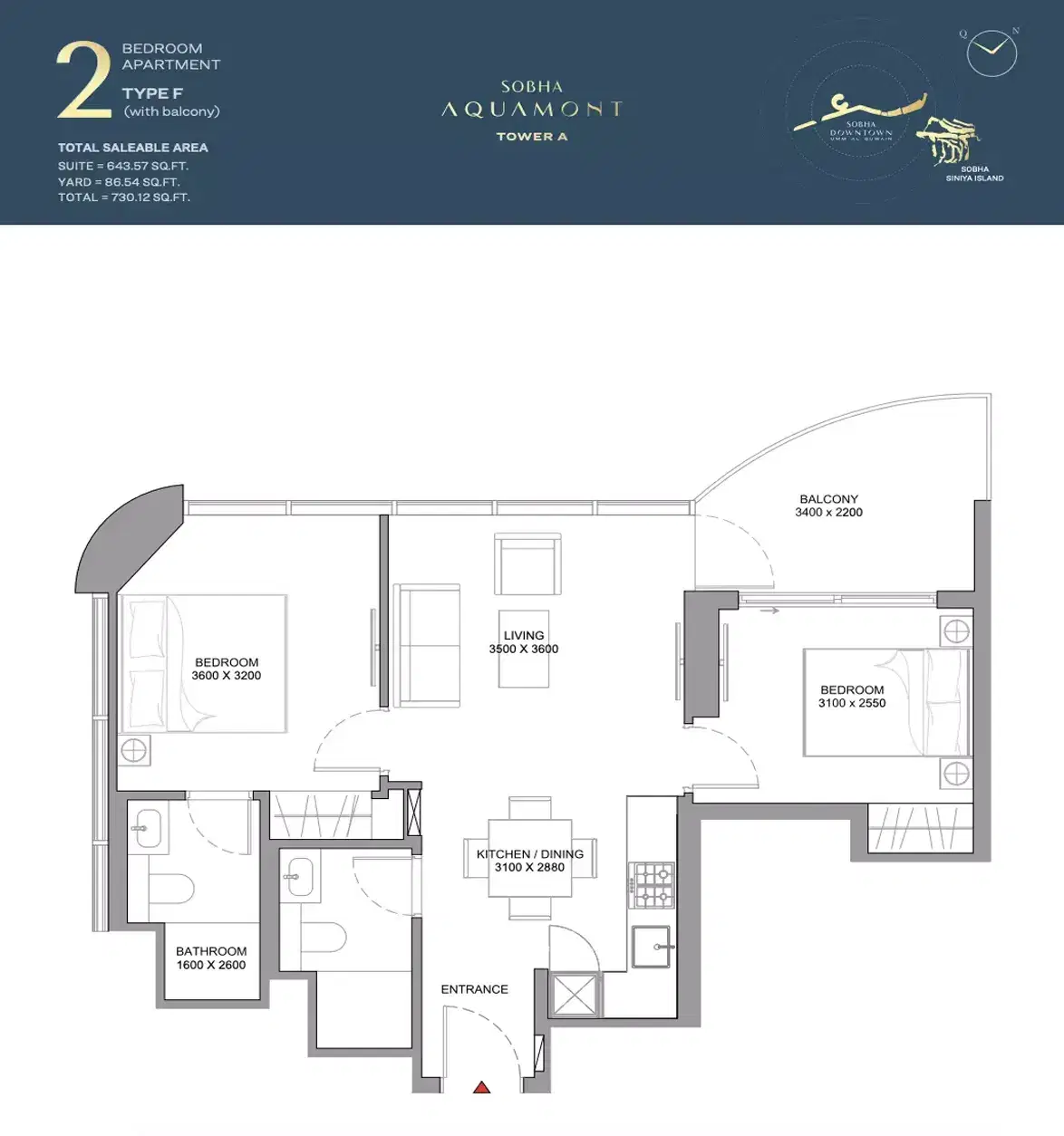 Aquamont at Downtown Umm Al Quwain 2 BR Floor Plan 730 Sq. Ft.