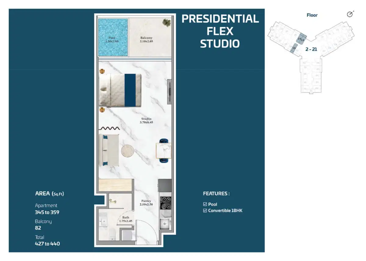 Studios Floor Plan 440 Sq. Ft.