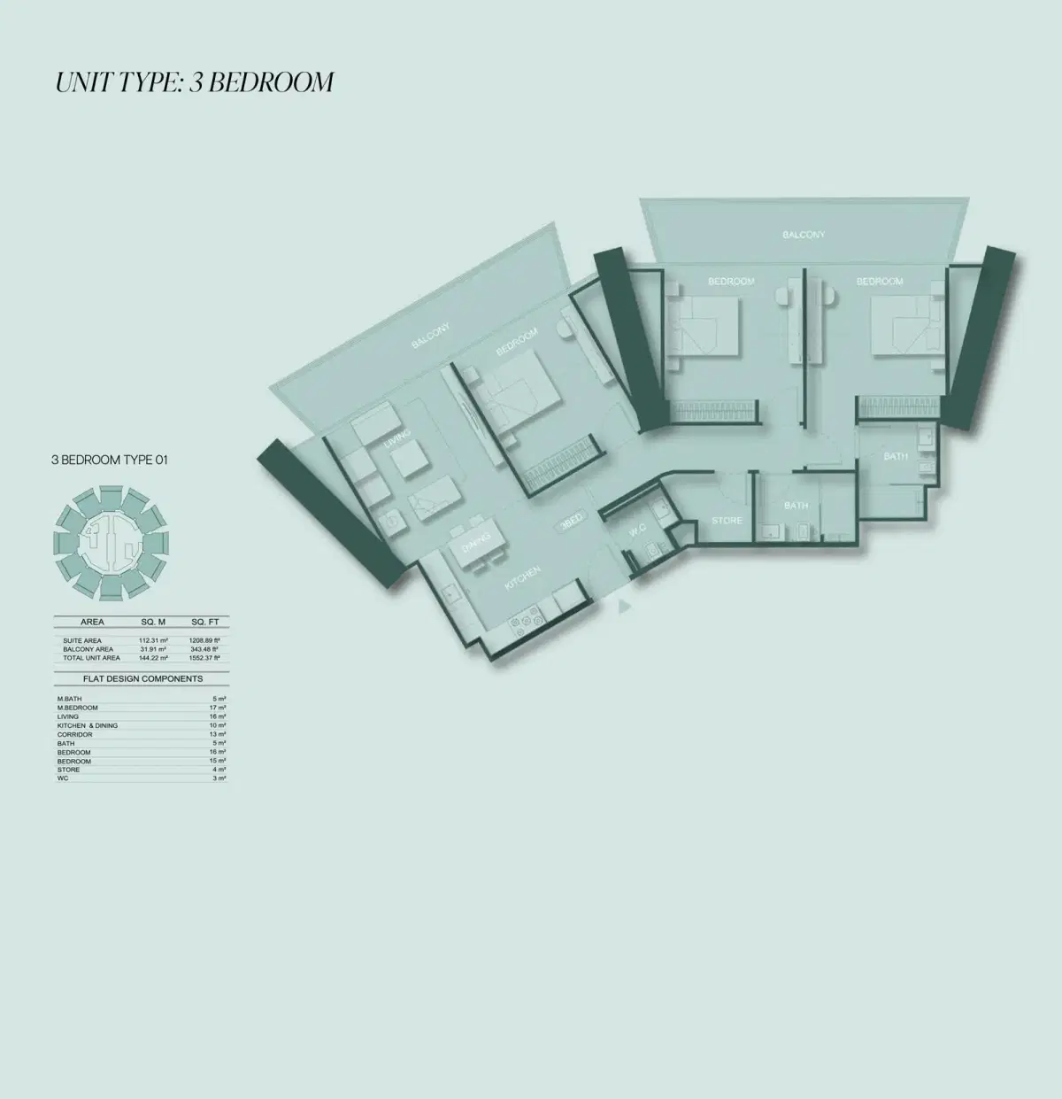 Binghatti Circle at Jumeirah Village Circle 3 BR Floor Plan 1552 Sq. Ft.