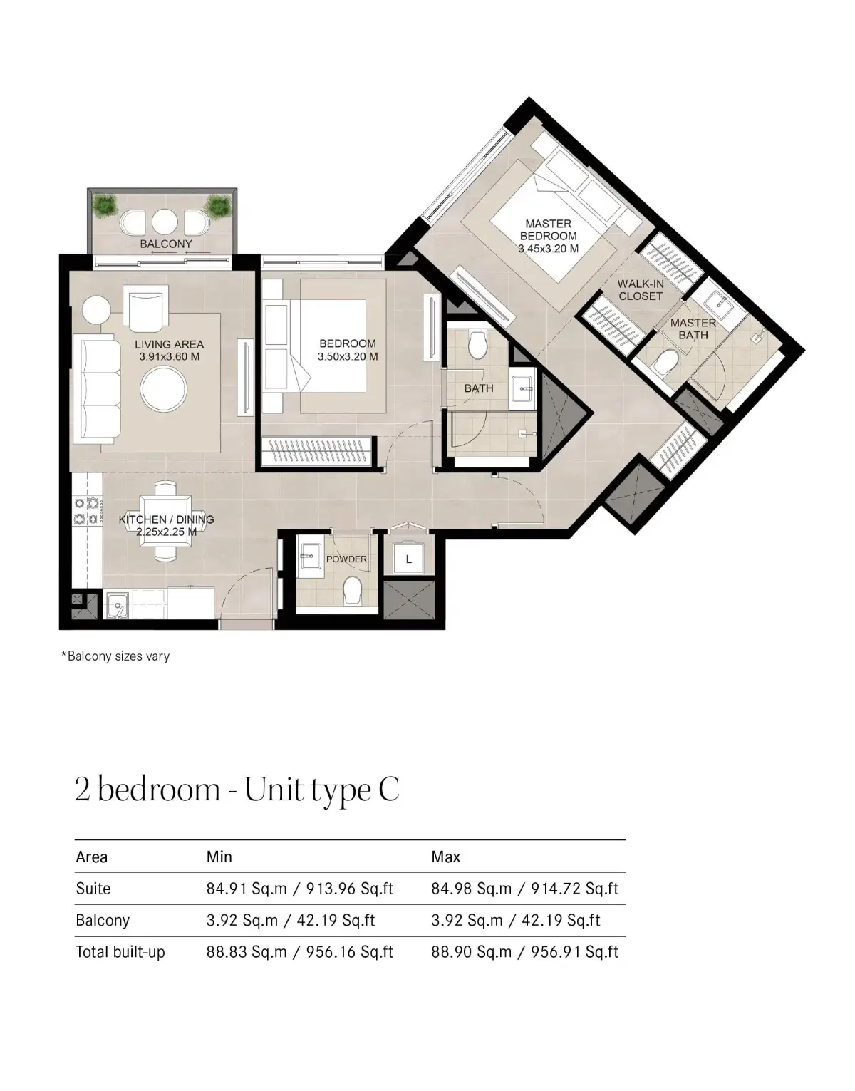 Nshama The Baltimore at Town Square Dubai 2 BR Floor Plan 956 Sq. Ft.