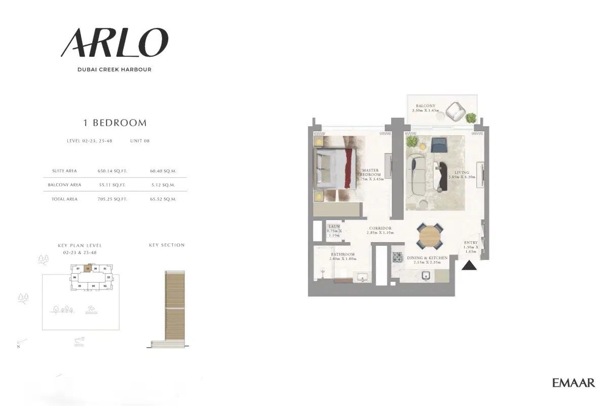 Emaar Arlo Dubai Creek Harbour 1 Bedroom Apartments Floor Plan