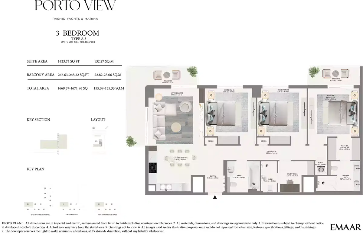 Emaar Porto View At Rashid Yachts And Marina 3 BR Apartment Floor Plan