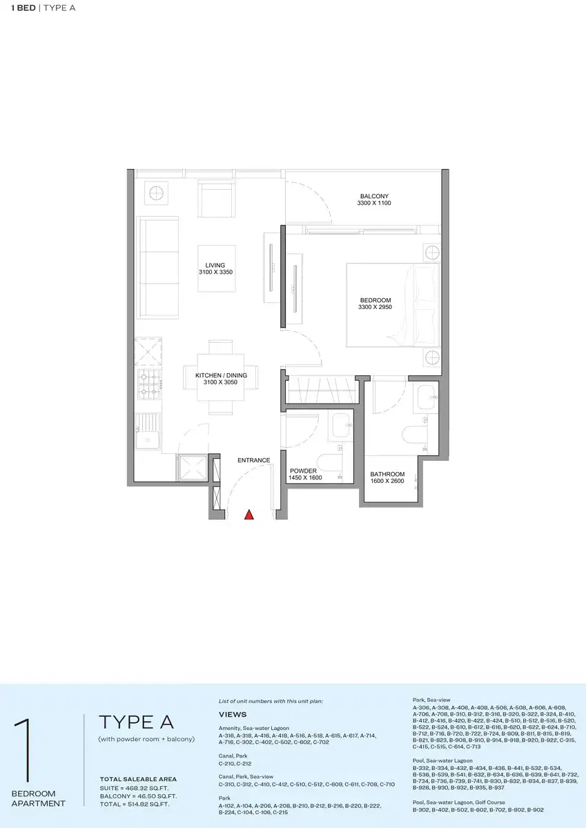Sobha Delphine Beach Residences Dubai 1 BR Floor Plan 514 Sq. Ft.