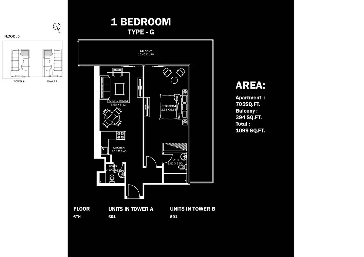 Danube Elitz Dubai 1 BR Floor Plan 1,099 Sq. Ft.