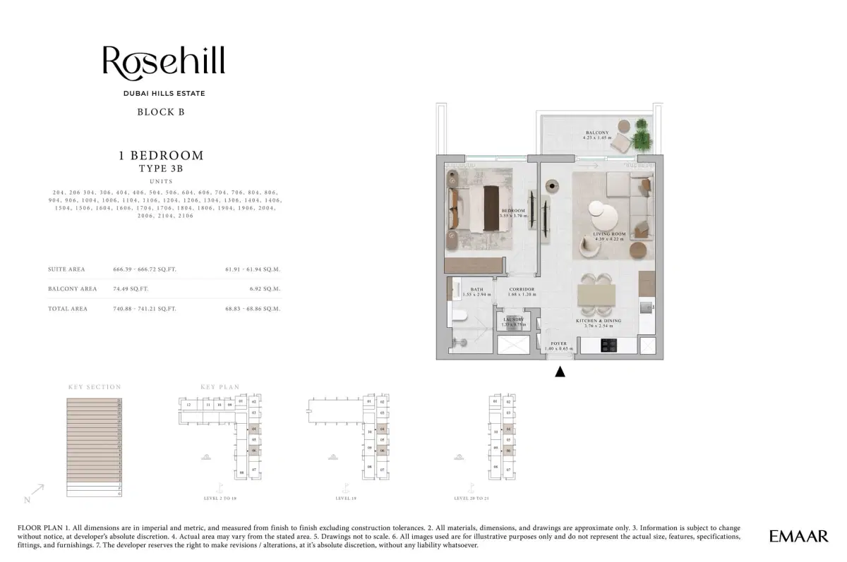 Rosehill by Emaar 1 BR Floor Plan 741 Sq. Ft.