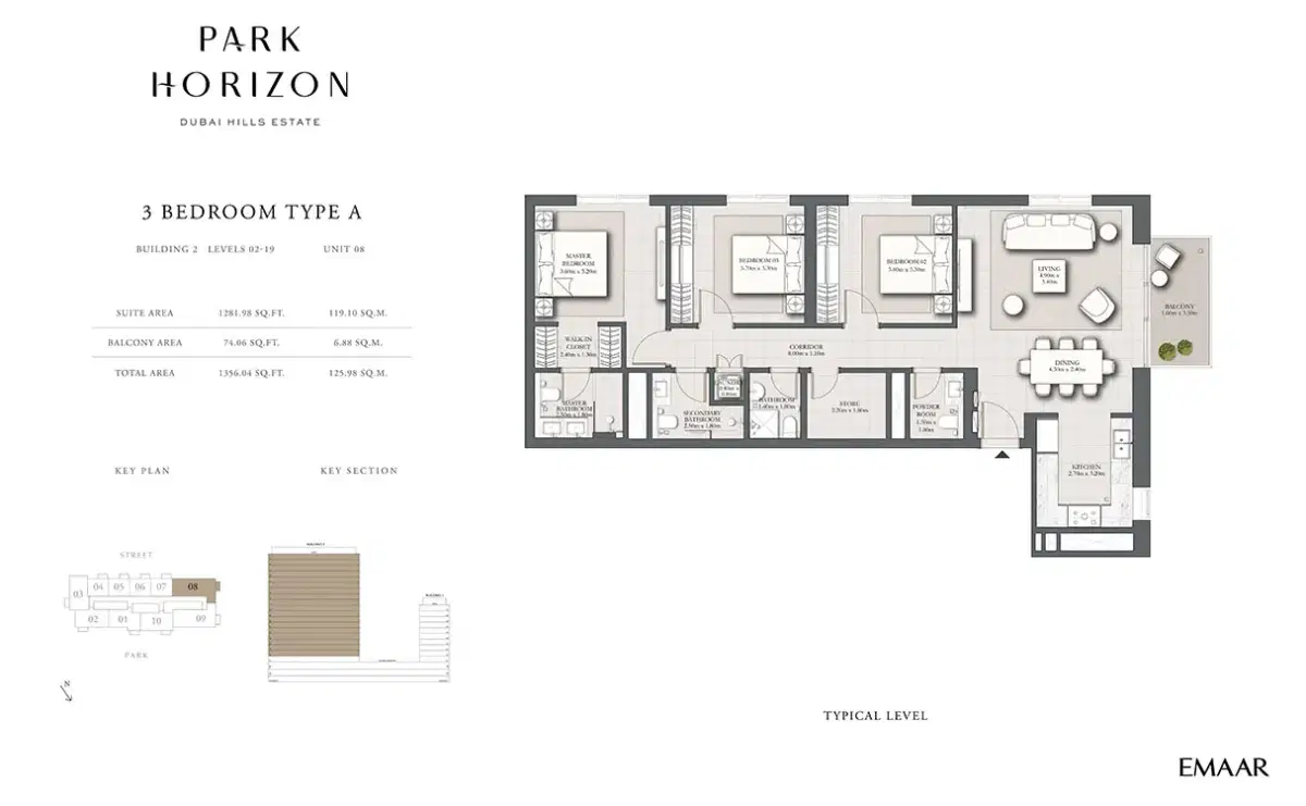 EMAAR Park Horizon Dubai 3 BR Floor Plan 1,356 Sq. Ft.