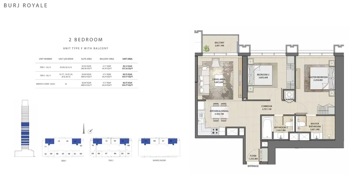 EMAAR Burj Royale Dubai 2 BR Floor Plan 934 Sq. Ft.