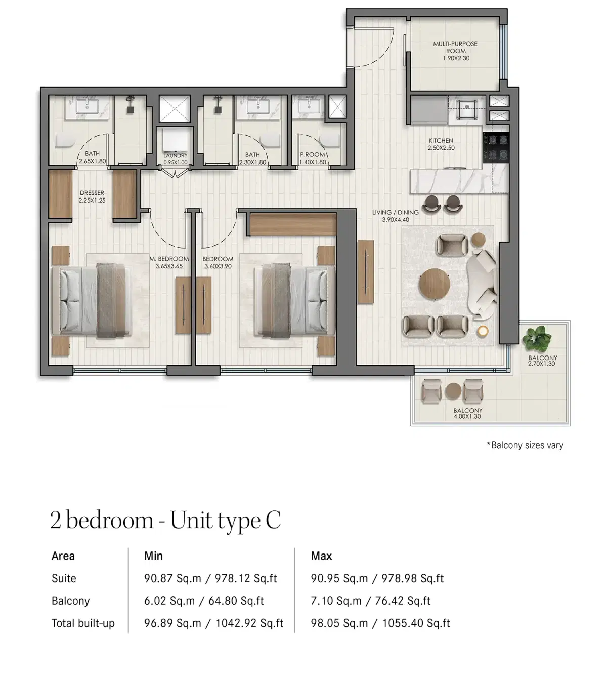 Nshama Belmont At Town Square Dubai 2 BR Apartment Floor Plan