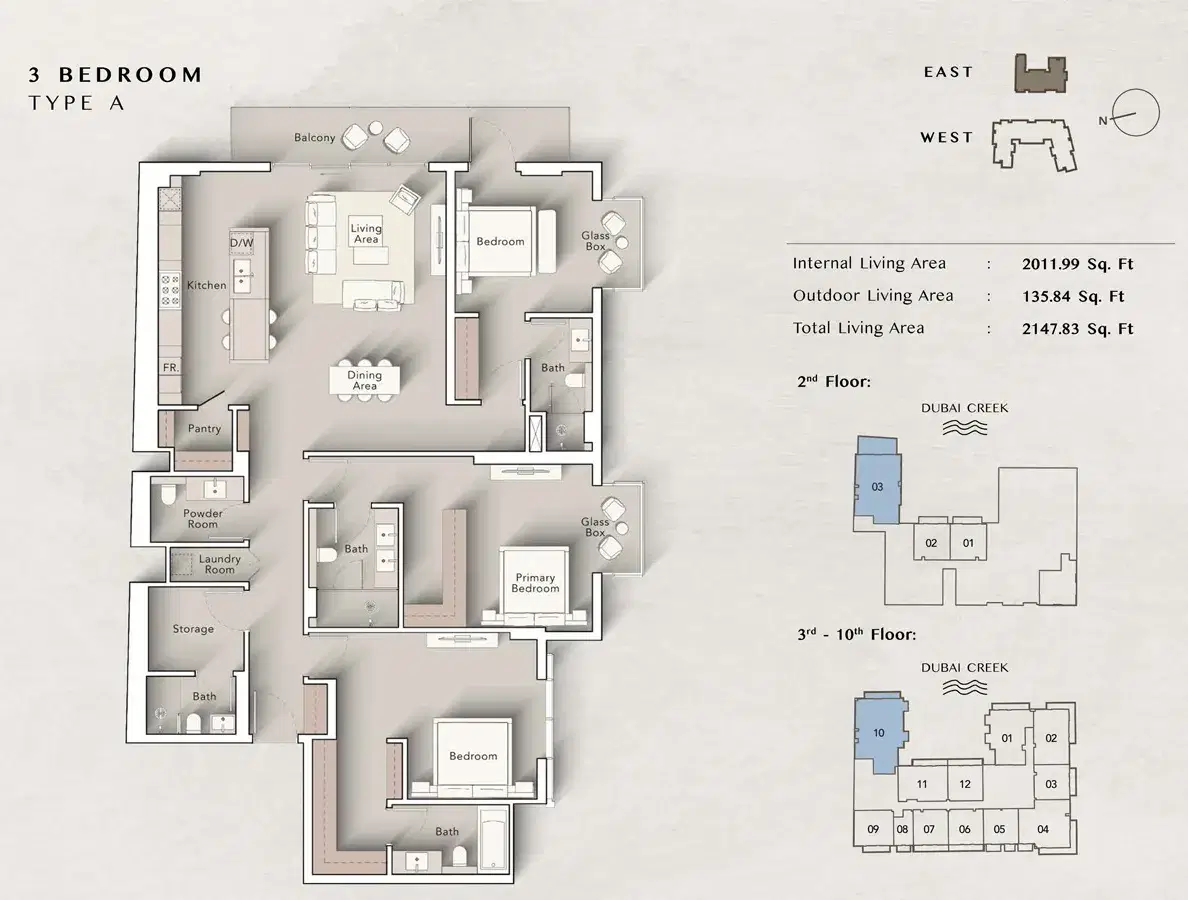 Ellington Art Bay Dubai Al Jaddaf 3 BR Apartment Floor Plan