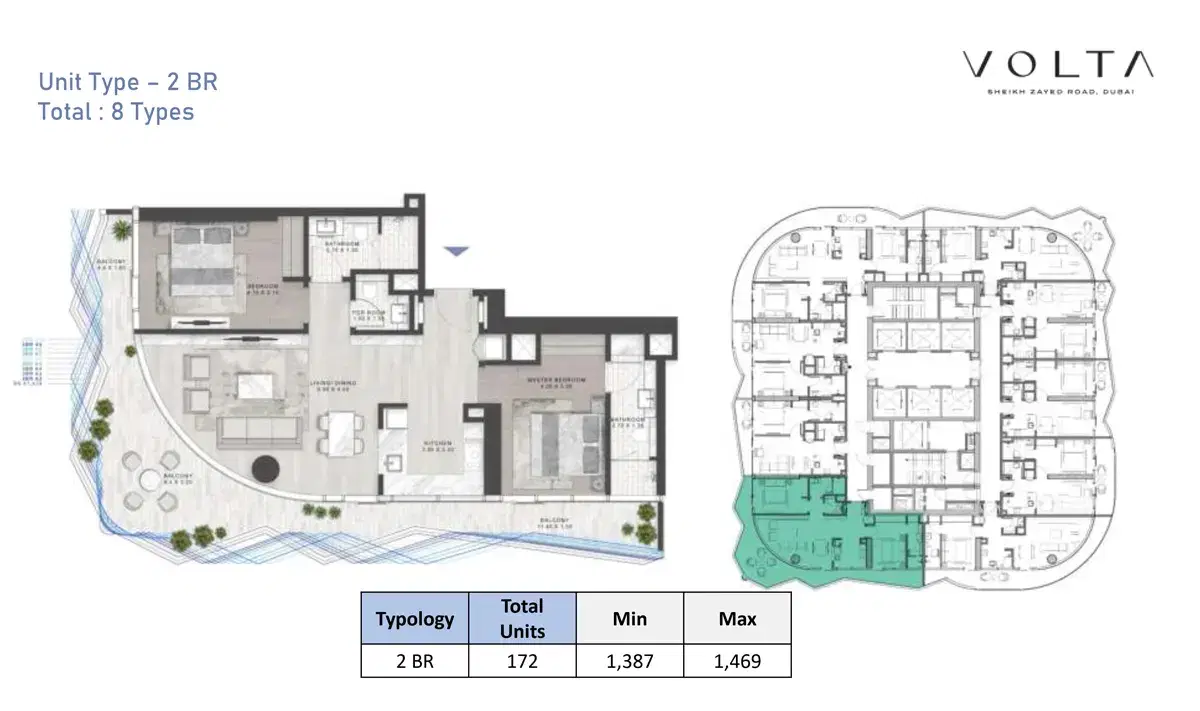 DAMAC Volta Dubai 2 BR Floor Plan 1,469 Sq. Ft.