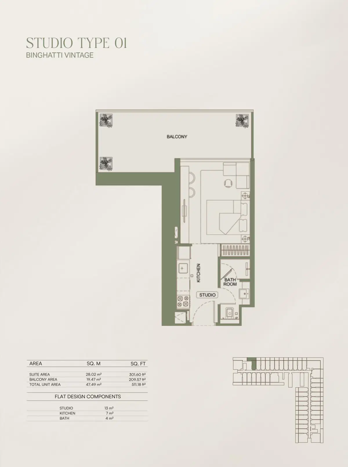 Vintage by Binghatti Studios Floor Plan 511 Sq. Ft.