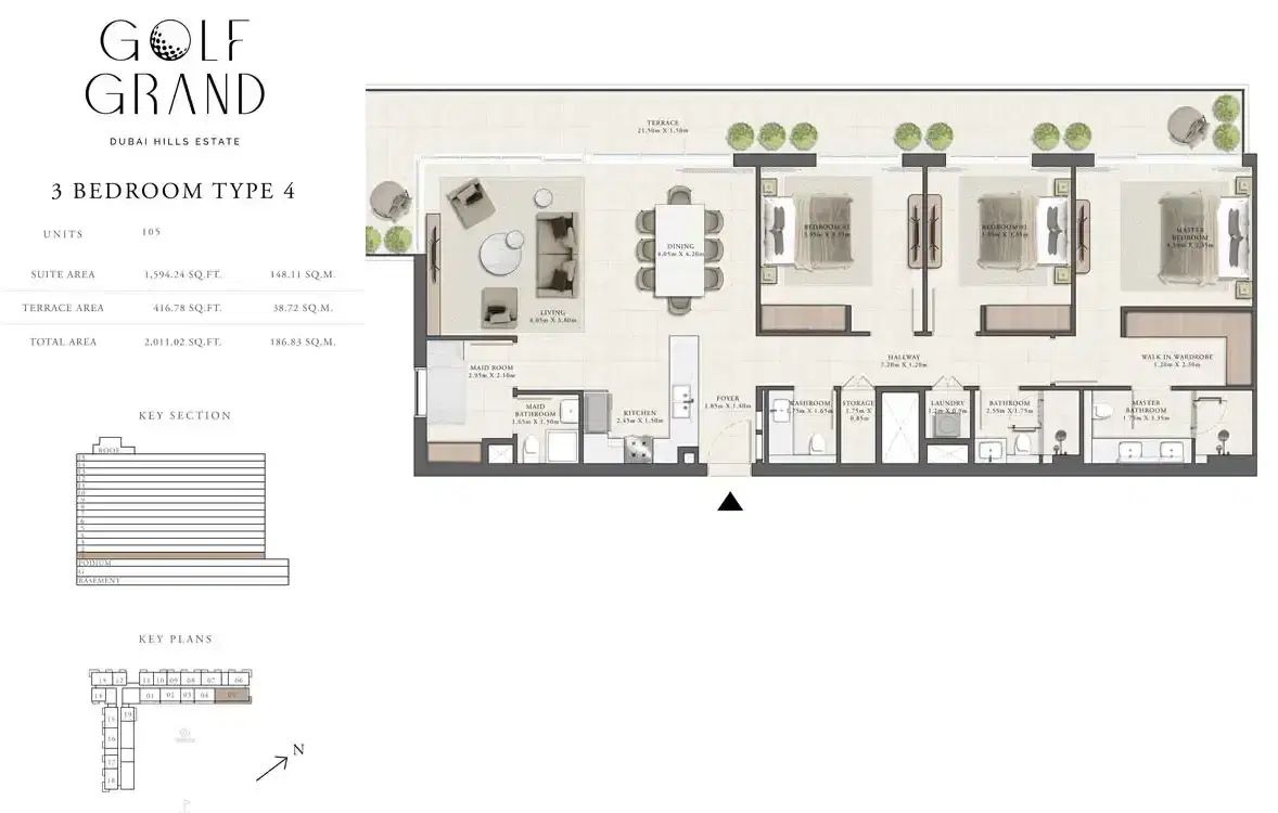 EMAAR Golf Grand Dubai 3 BR Floor Plan 2,011 Sq. Ft.