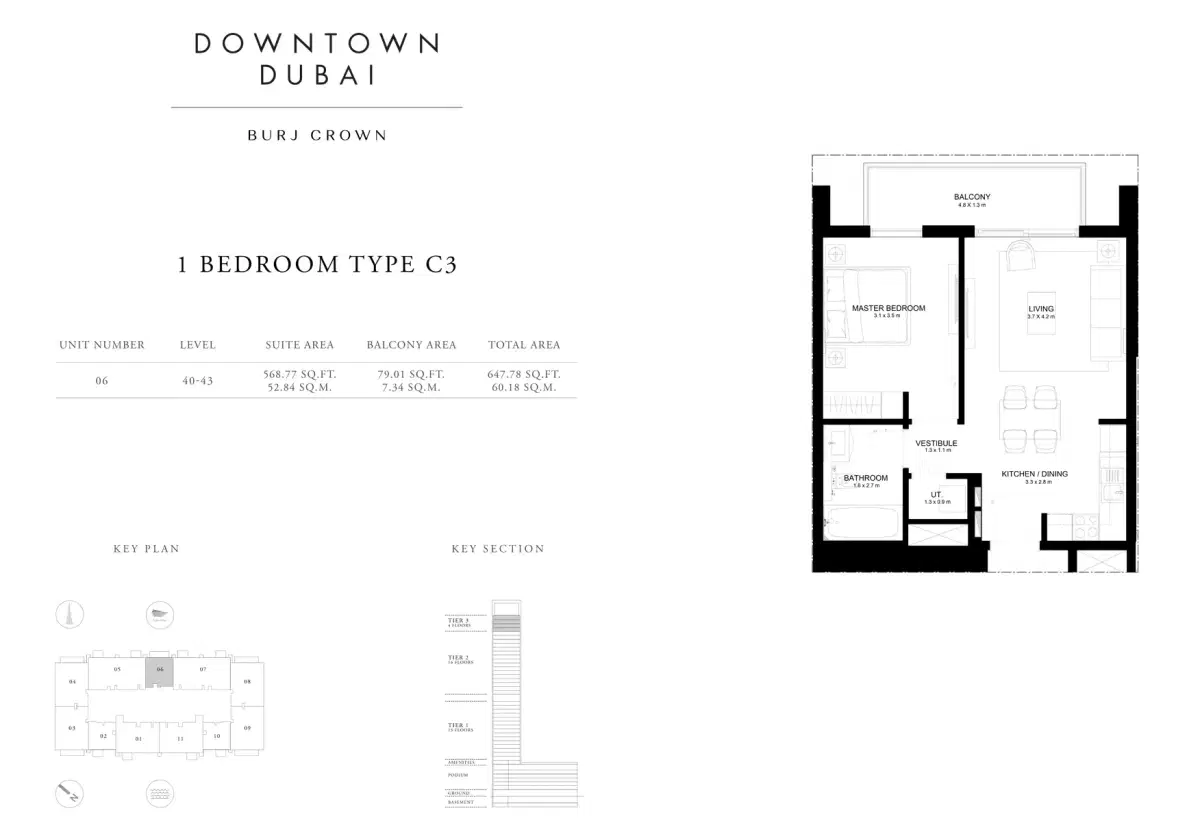 EMAAR Burj Crown Dubai 1 BR Floor Plan 647 Sq. Ft.