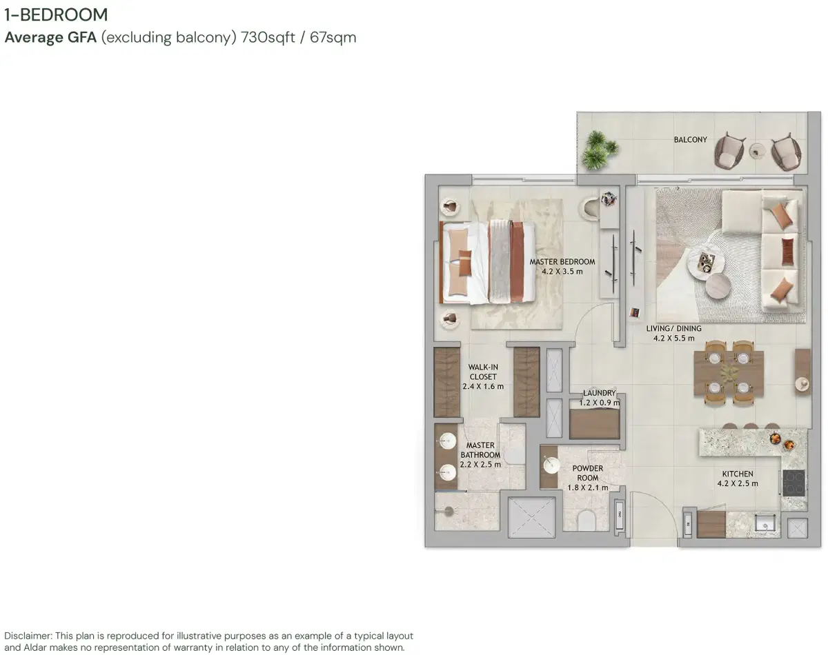 Aldar Verdes by Haven Dubai 1 BR Floor Plan 730 Sq. Ft.