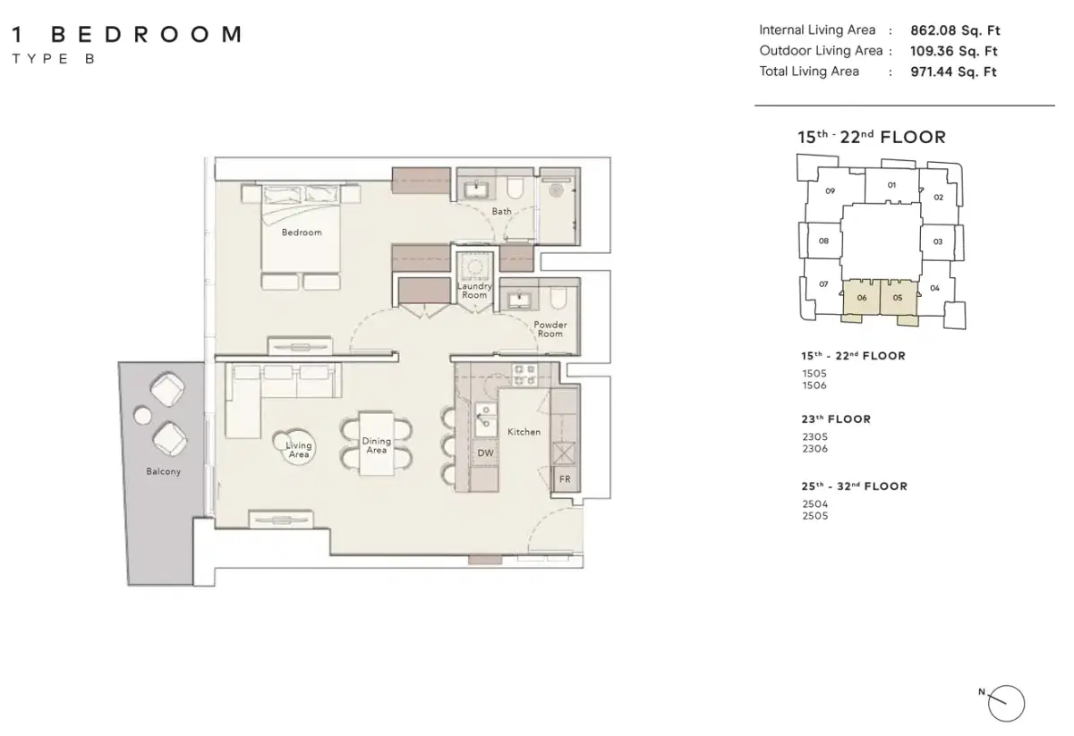 1 BR Floor Plan 971 Sq. Ft.