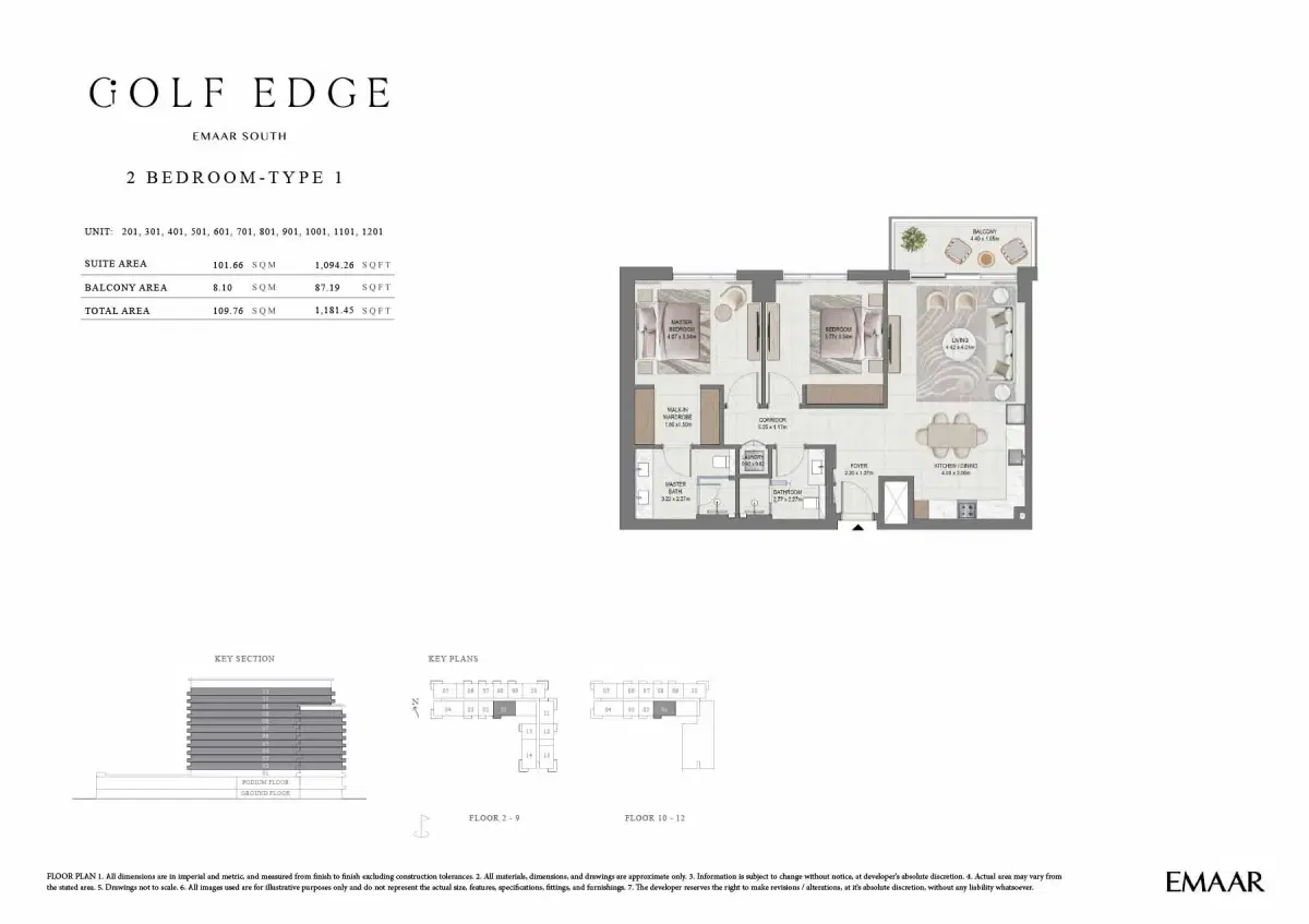 Emaar Golf Edge 2 BR Floor Plan 1,181 Sq. Ft.