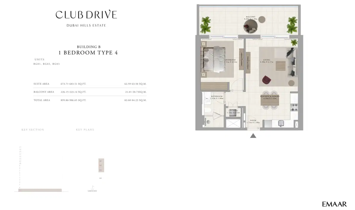 EMAAR Club Drive Dubai 1 BR Floor Plan 906 Sq. Ft.