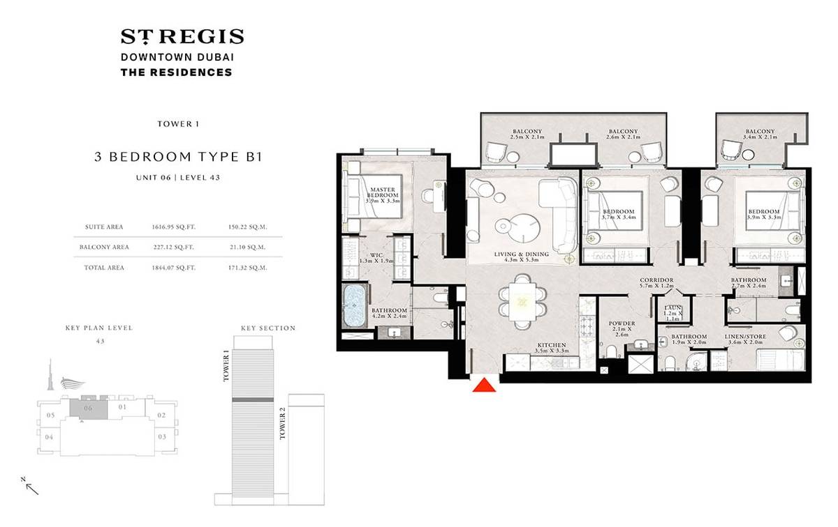 Emaar St Regis Residences 3 BR Apartment Floor Plan