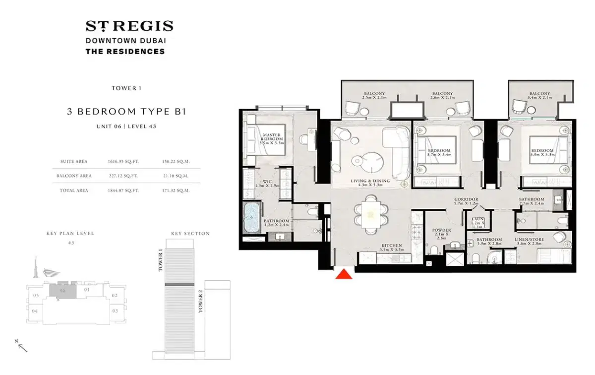 EMAAR St. Regis Residences Dubai 3 BR Floor Plan 1844 Sq. Ft.
