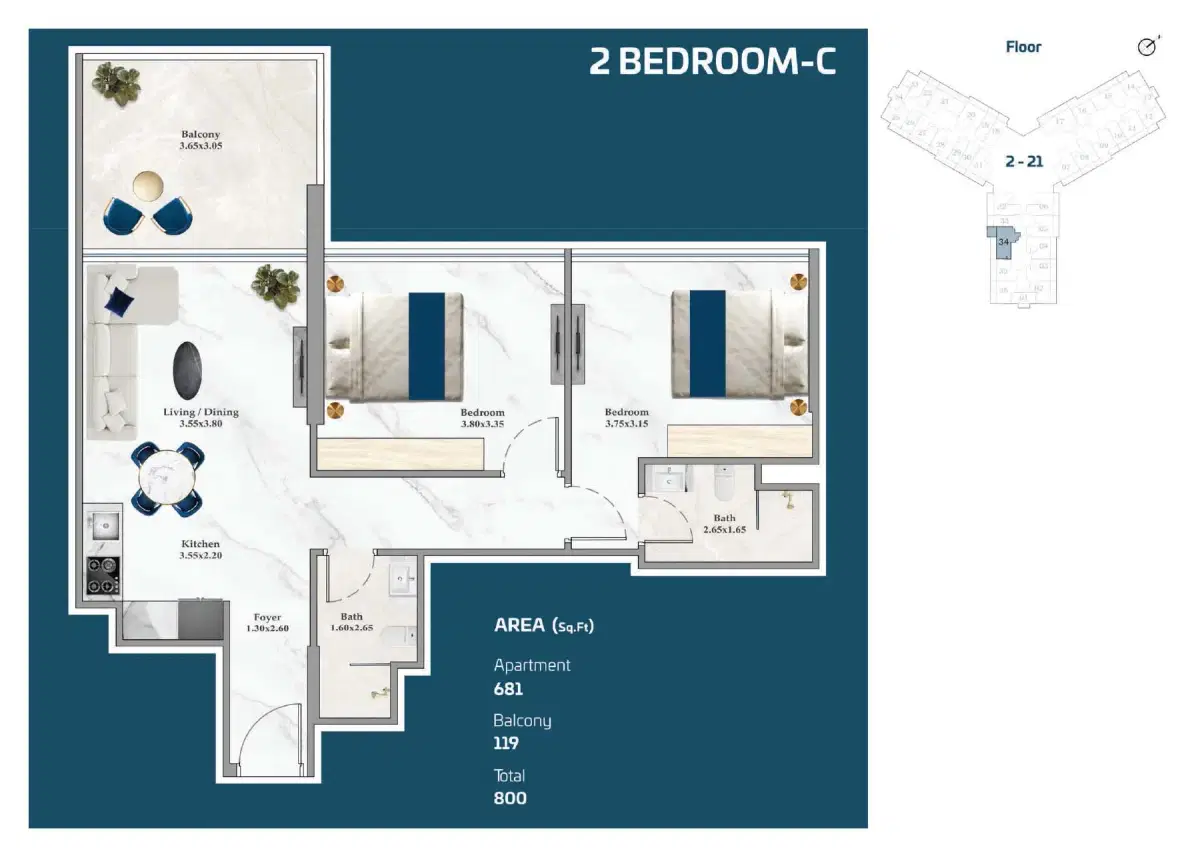2 BR Floor Plan 800 Sq. Ft.
