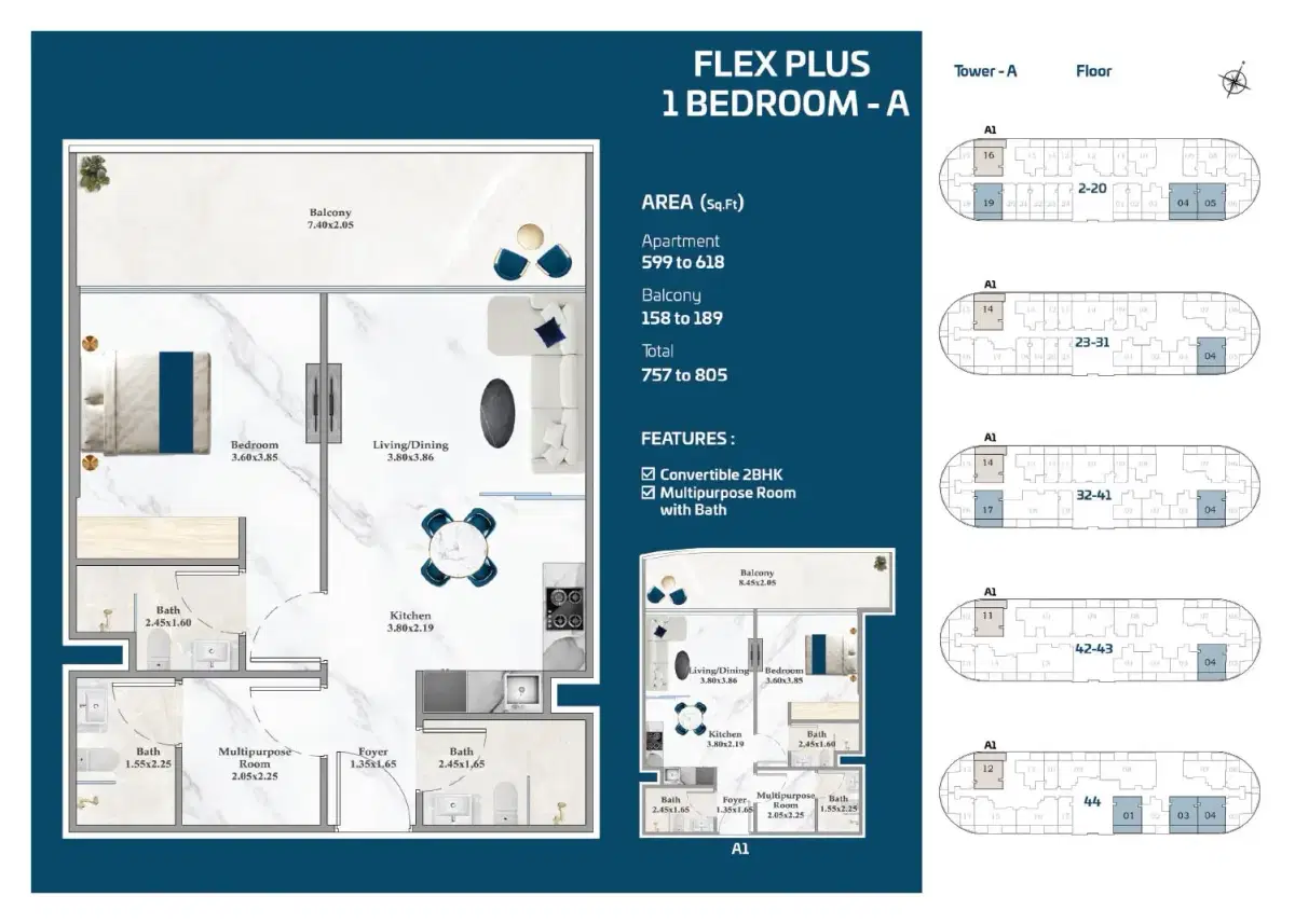 Serenz by Danube 1 BR Floor Plan 805 Sq. Ft.