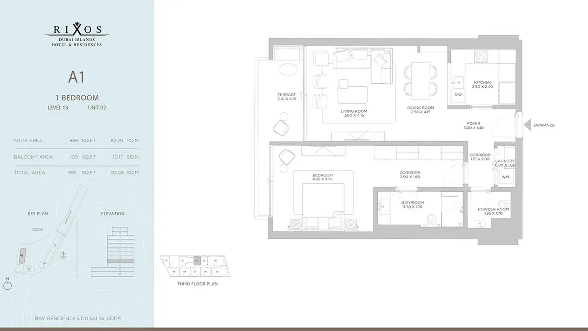 Nakheel Rixos Dubai 1 BR Floor Plan 995 Sq. Ft.