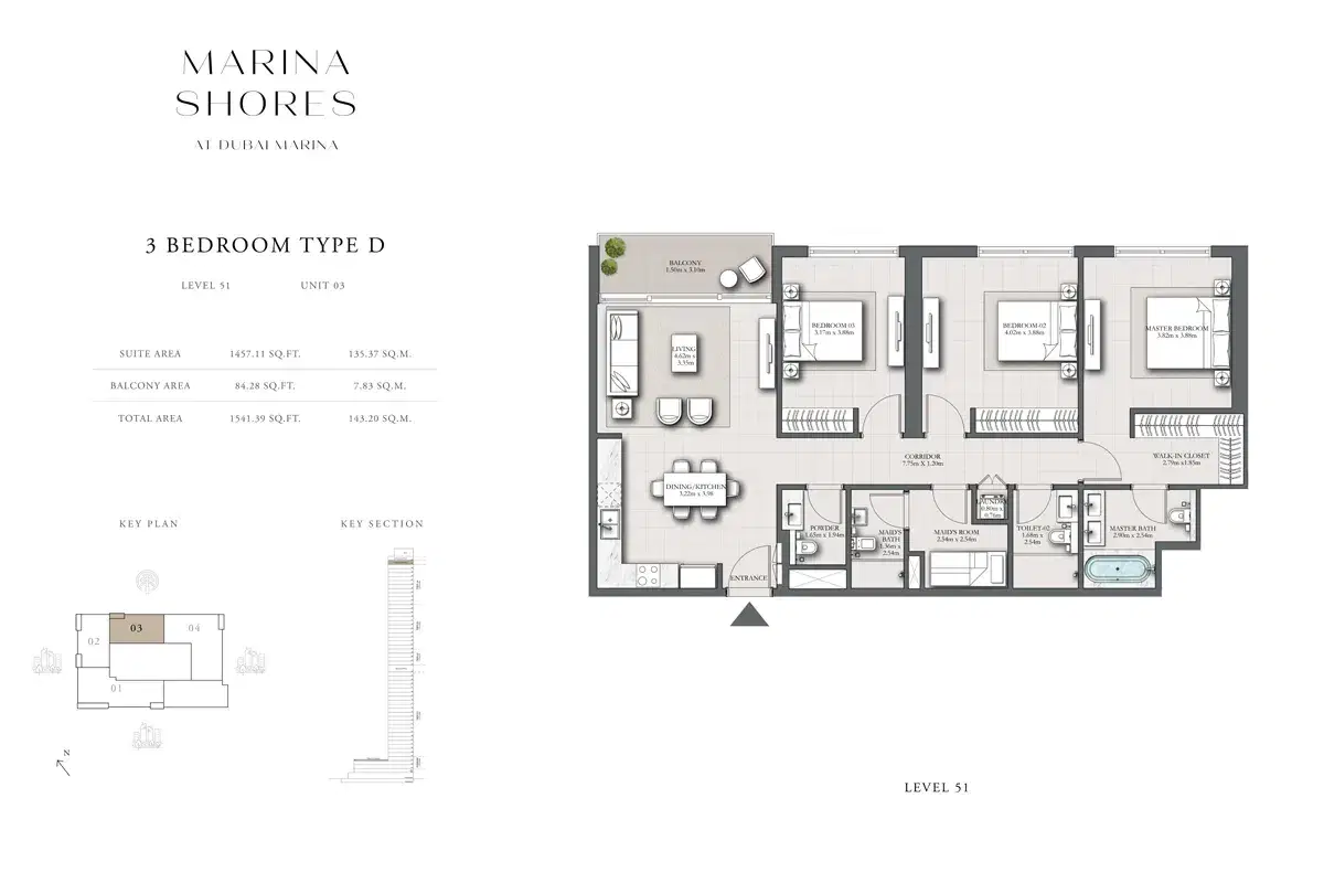 EMAAR Marina Shores Dubai 3 BR Floor Plan 1,541 Sq. Ft.