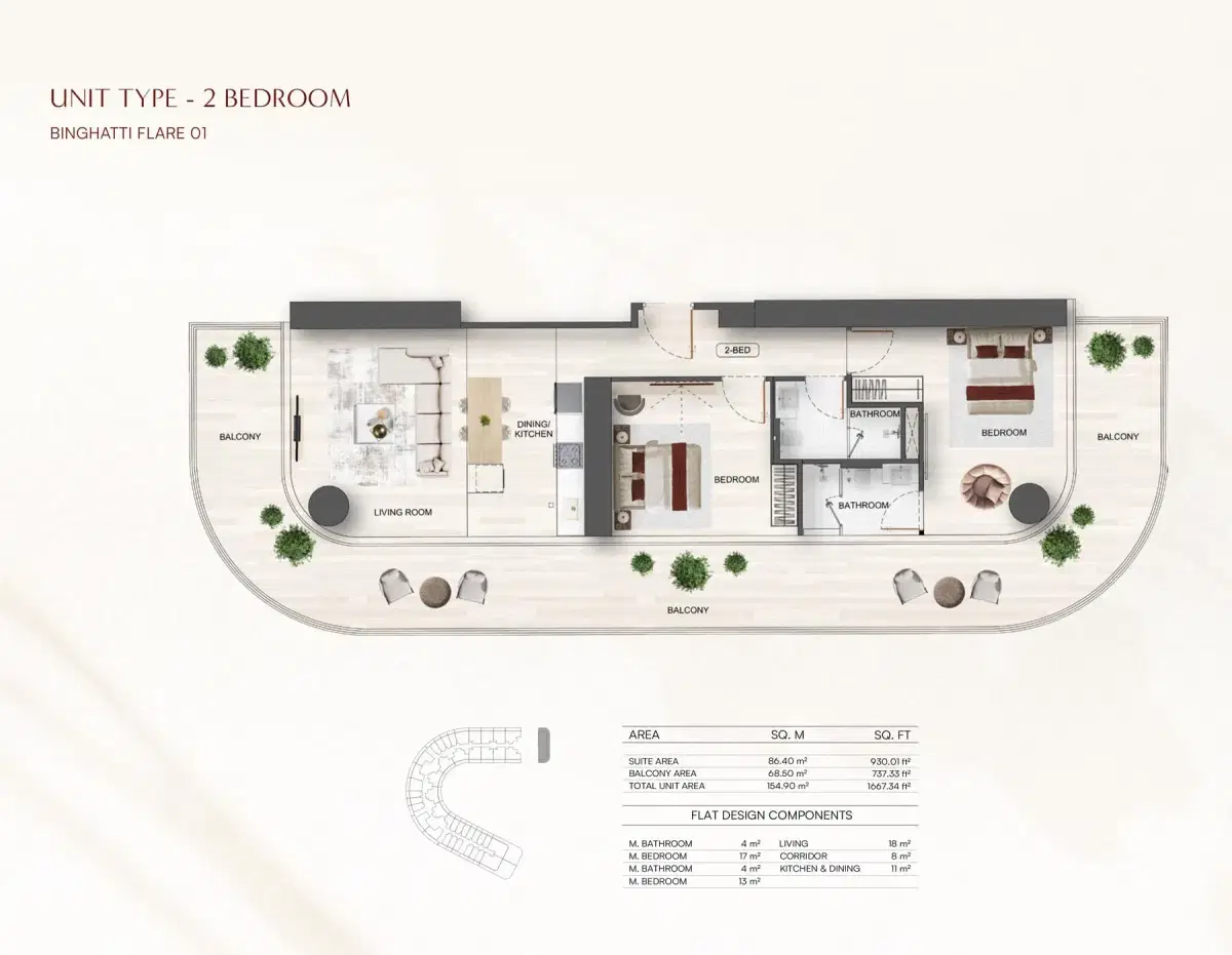 Binghatti Flare at Jumeirah Village Triangle 2 BR Floor Plan 1,667 Sq. Ft.