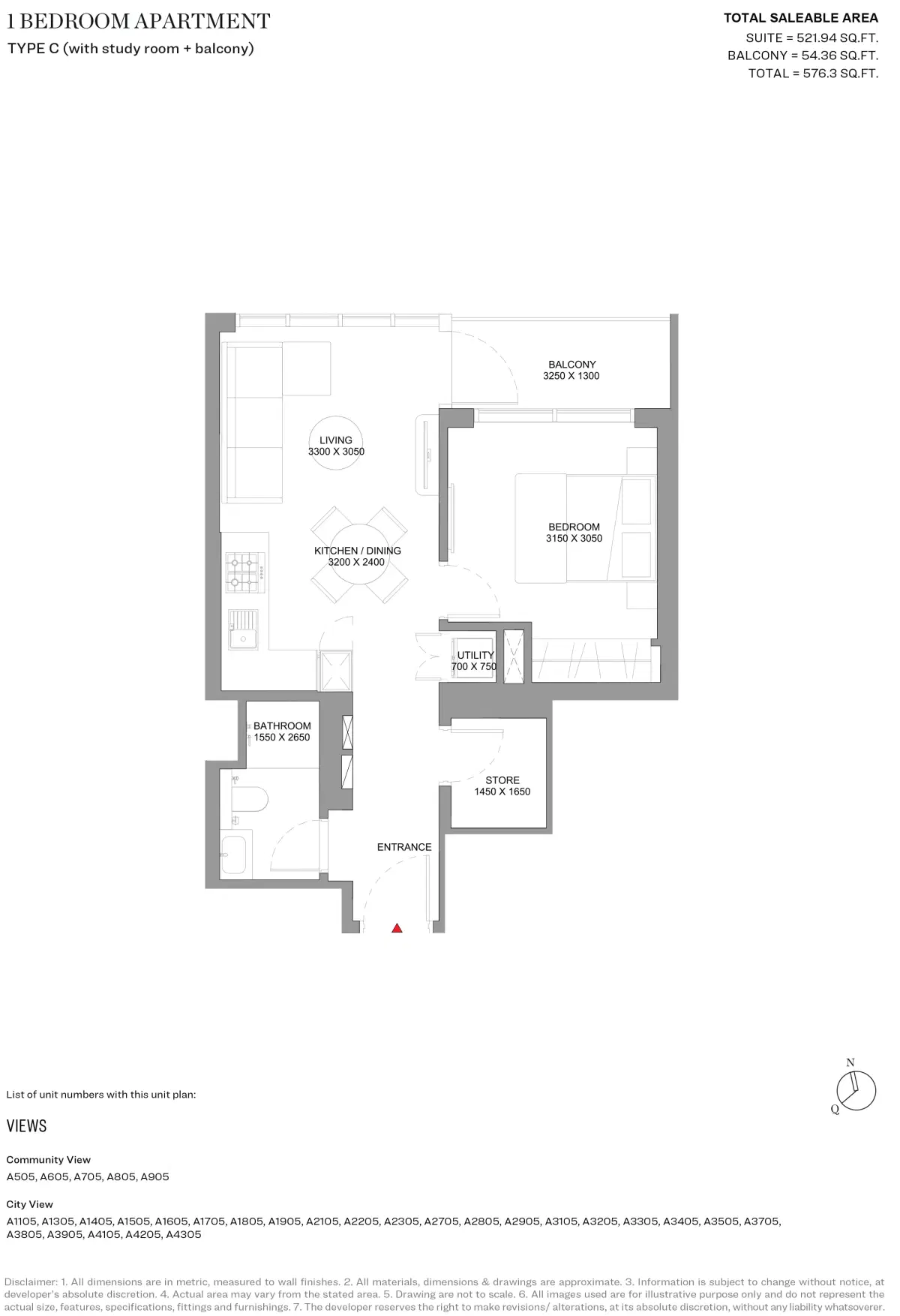 Sobha Solis Dubai 1 BR Floor Plan 576 Sq. Ft.