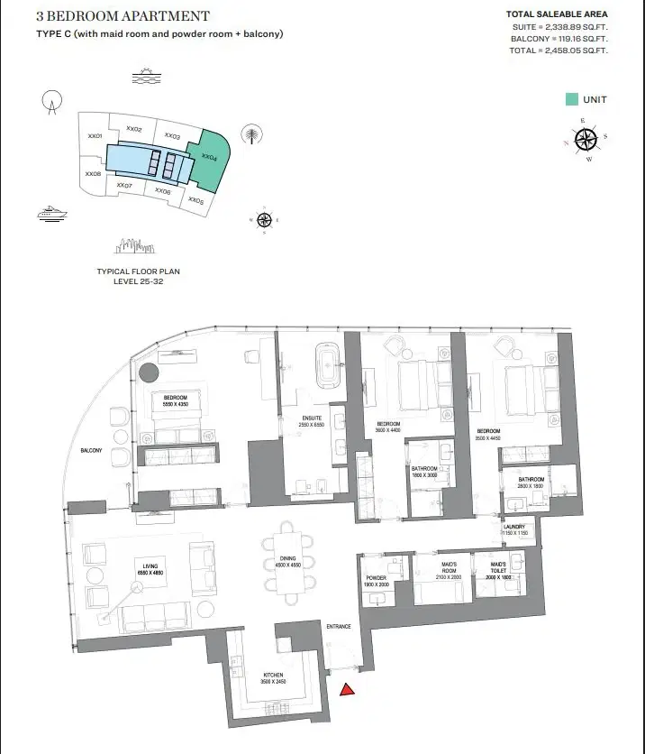 Sobha Seahaven 3 BR Apartment Floor Plan