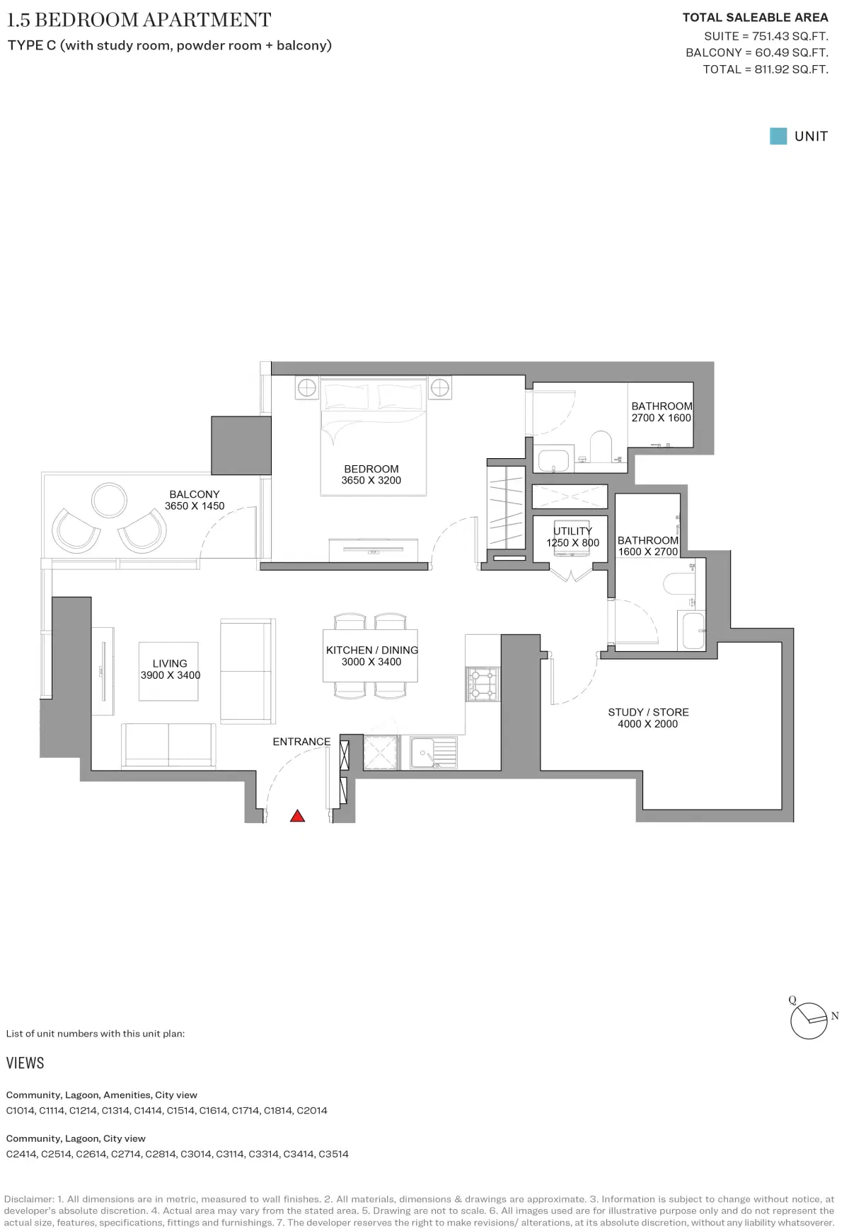 Skyscape Aura Sobha Hartland 2 1.5 Bedroom Apartments Floor Plan