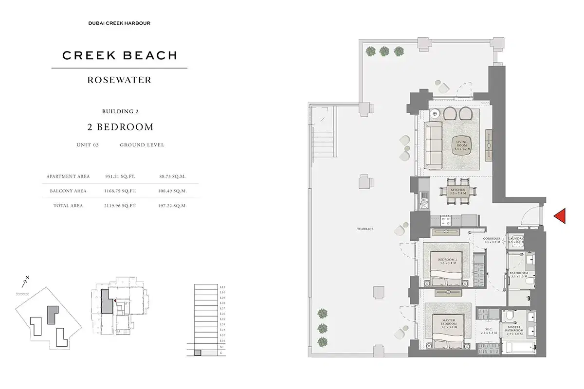 EMAAR Rosewater Dubai 2 BR Floor Plan 2,119 Sq. Ft.