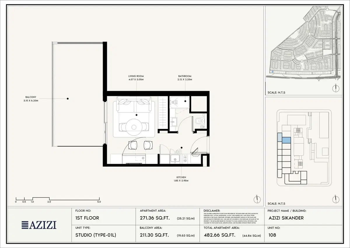  Azizi Sikander at Al Furjan Dubai Studios Floor Plan 482 Sq. Ft.