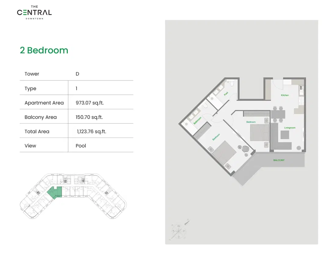 The Central Downtown Arjan Dubai 2 Bedroom Apartments Floor Plan