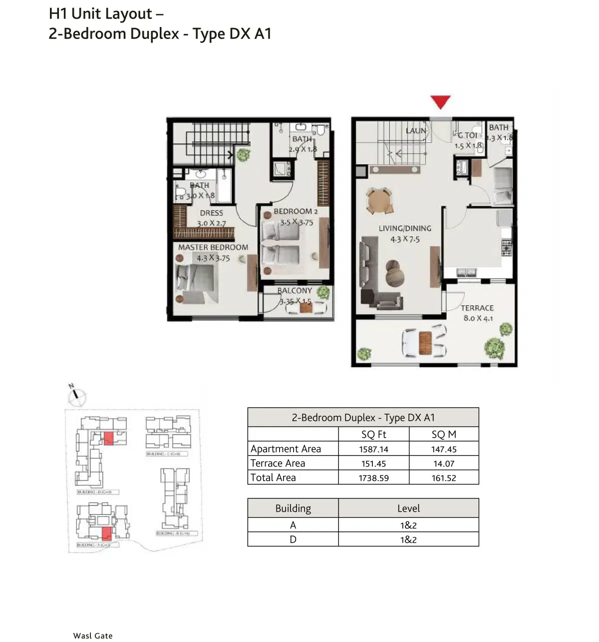 Hillside Residences at Wasl Gate 2 BR Duplexes Floor Plan