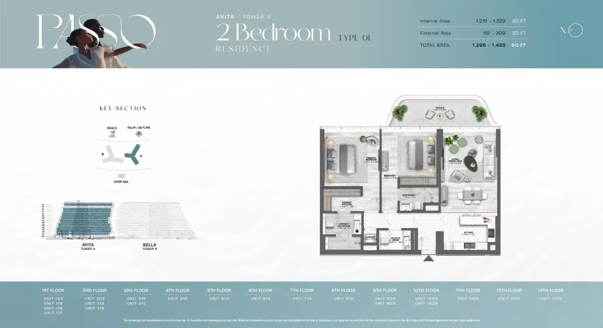 Passo by Beyond at Palm Jumeirah, Dubai 2 BR Floor Plan 1,438 Sq. Ft