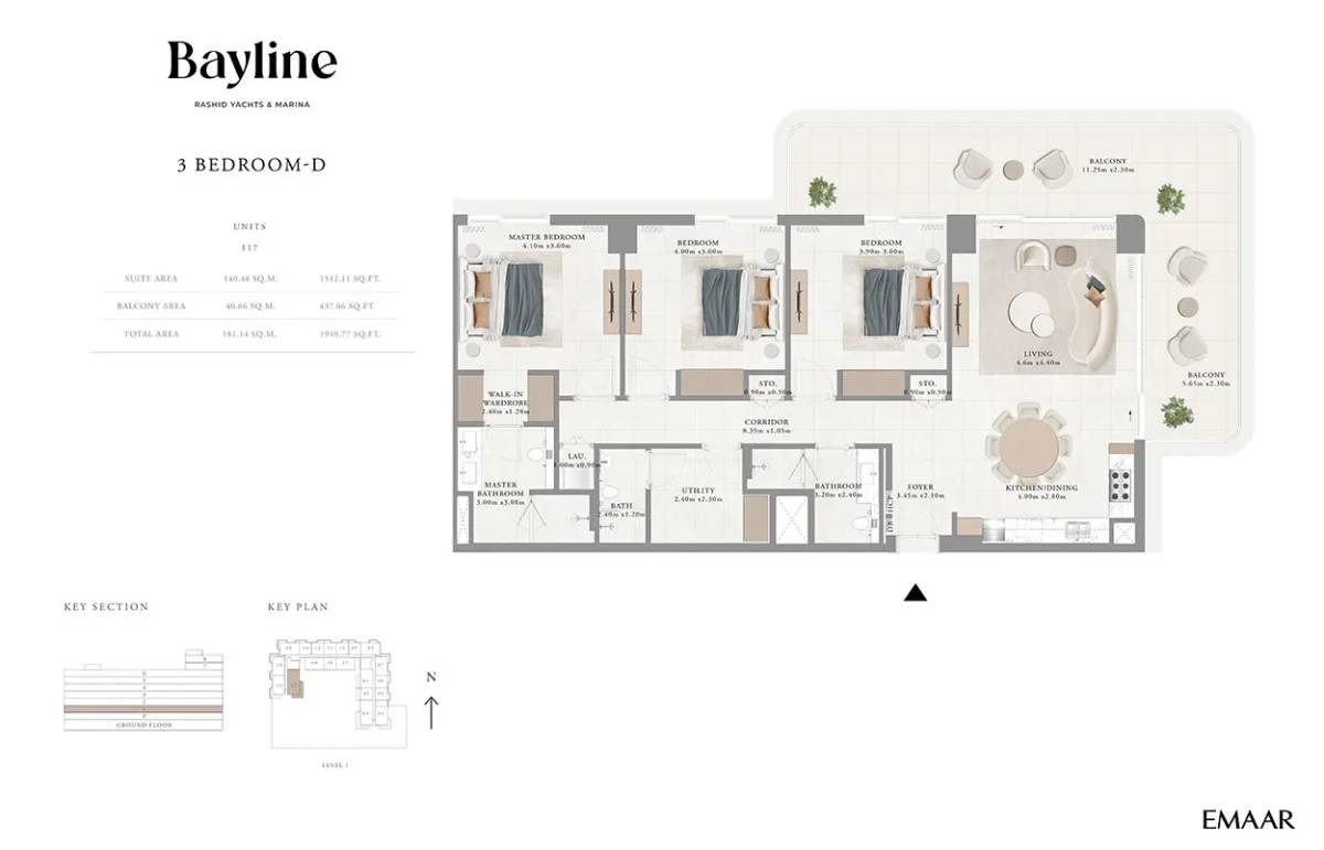 Emaar Bayline at Rashid Yachts & Marina 3 Bedroom Floor Plan 1,950 SQ. FT.