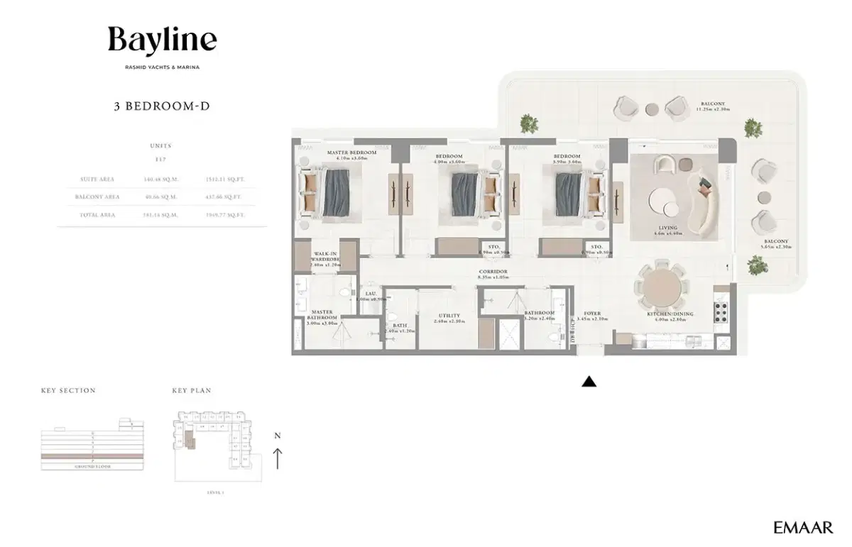 EMAAR Bayline Dubai 3 Bedroom Floor Plan 1,950 Sq. Ft.