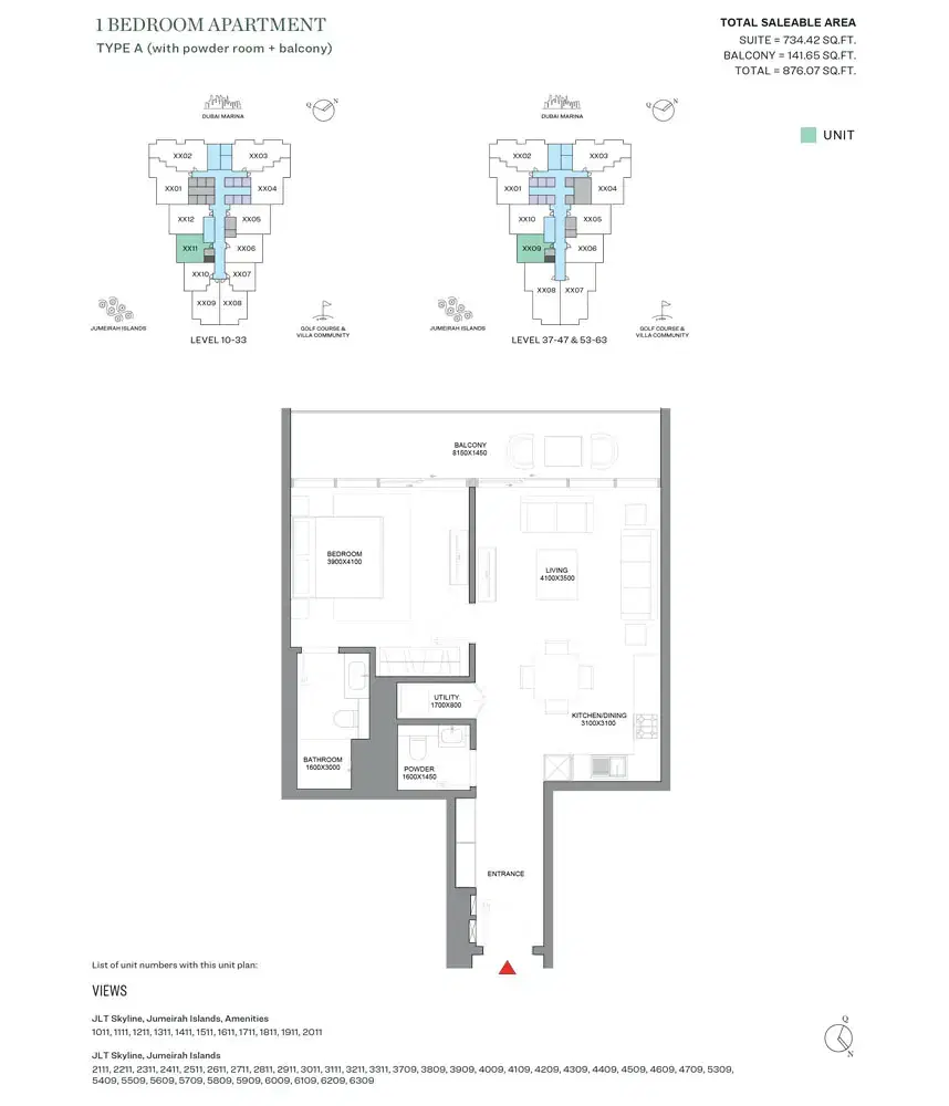 SOBHA Verde Dubai 1 BR Floor Plan 876 Sq. Ft.