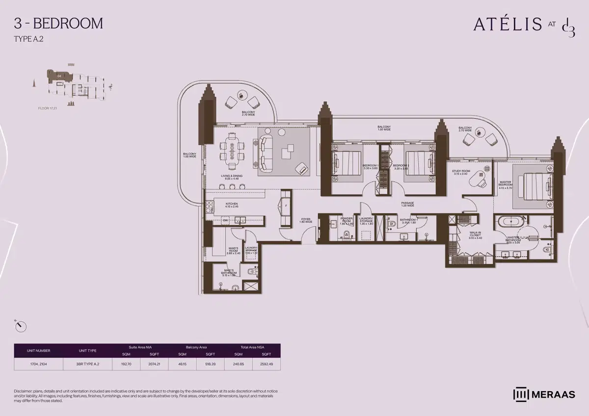 Meraas Atelis at Dubai Design District (D3) 3 BR Apartment Floor Plan