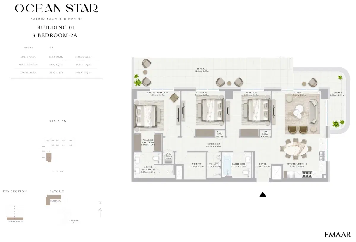 Emaar Ocean Star Dubai 3 BR Floor Plan 2,025 Sq. Ft.