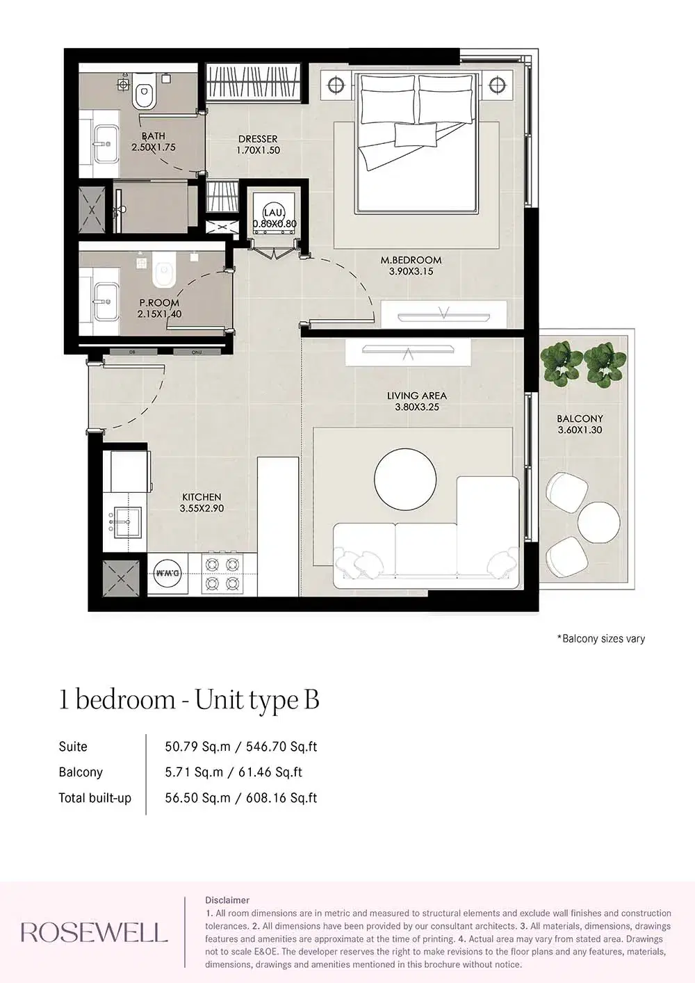 Nshama Rosewell At Town Square Dubai 1 BR Apartment Floor Plan