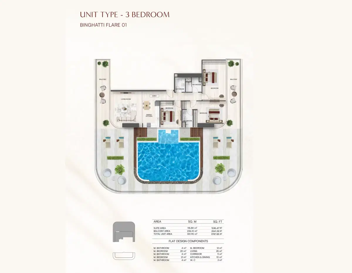 Binghatti Flare at Jumeirah Village Triangle 3 BR Floor Plan 3,787 Sq. Ft.