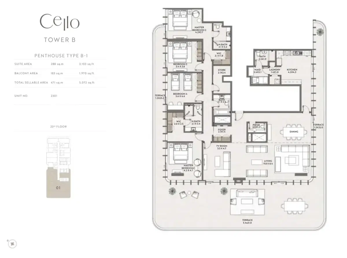 Taraf Cello Dubai Jumeirah Village Circle 4 BR Penthouses Floor Plan