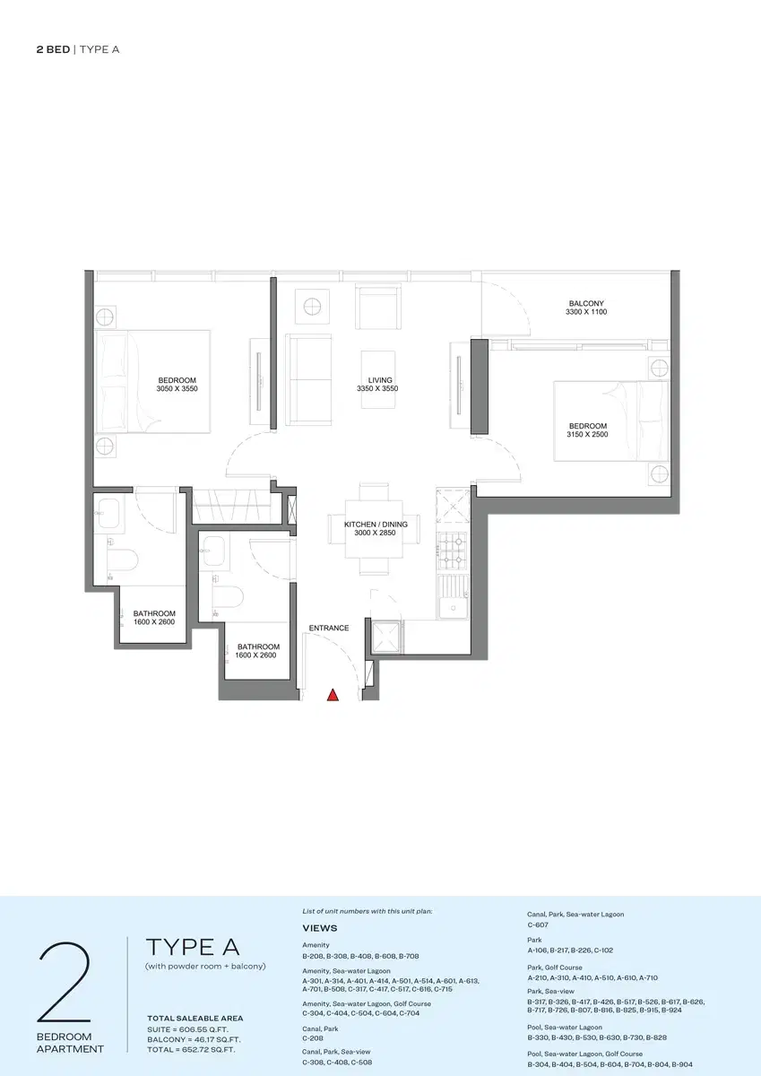 Sobha Delphine Beach Residences Dubai 2 BR Floor Plan 652 Sq. Ft.