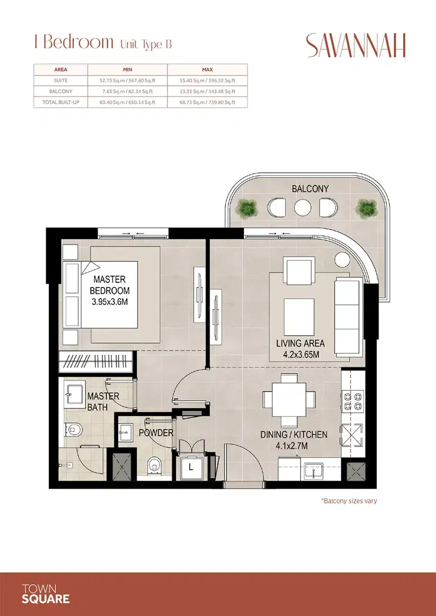 Nshama Savannah Dubai 1 BR Floor Plan 739 Sq. Ft.