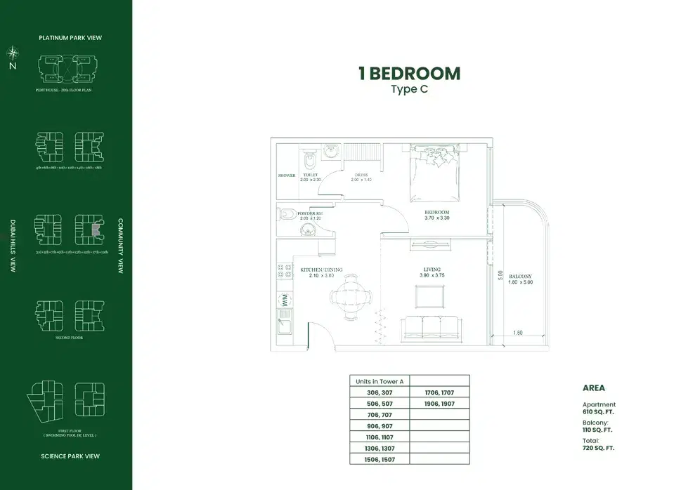 DANUBE Opalz Dubai 1 BR Floor Plan 720 Sq. Ft.