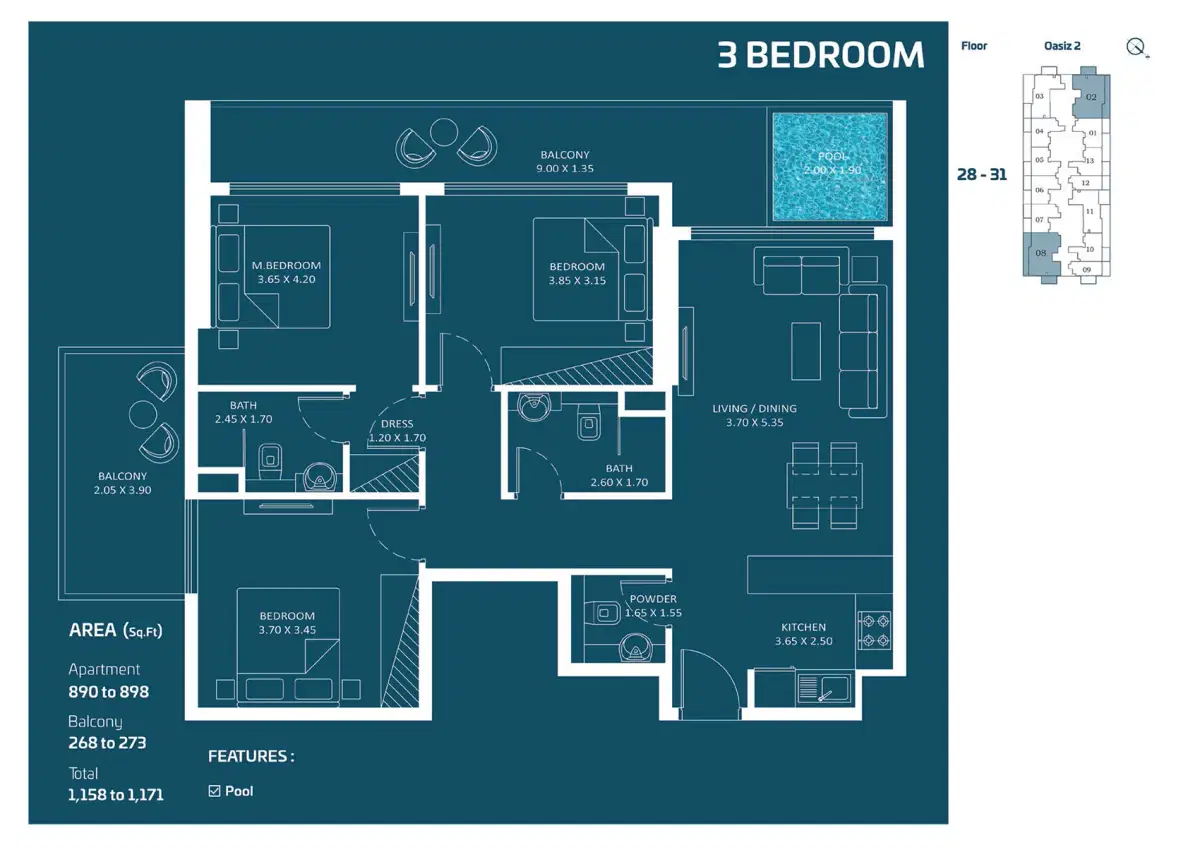 3 BR Floor Plan 1171 Sq.Ft.
