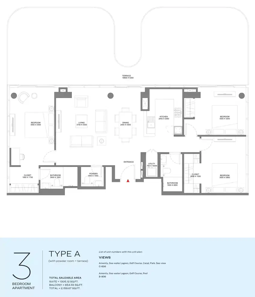 Sobha Delphine Beach Residences On Siniya Island 3 Bedroom Apartments Floor Plan